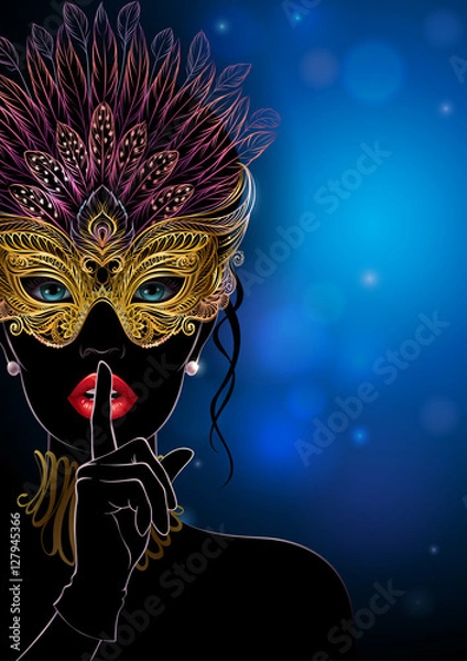 Fototapeta Vector Illustration. A mysterious lady in golden carnival mask with feathers, put a finger on lips in a hush gesture. Beautiful concept design for greeting card, party invitation, banner or flyer.