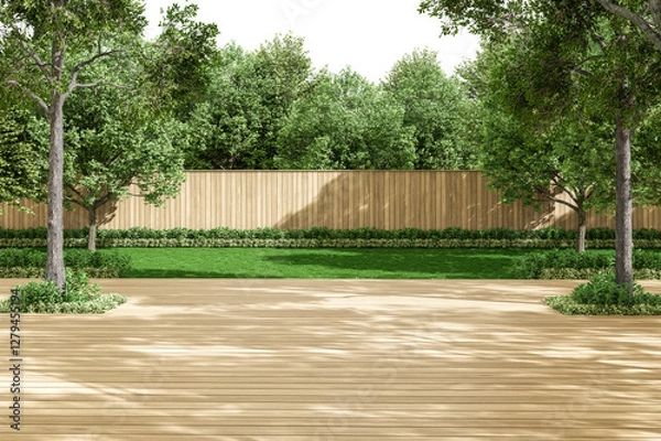 Fototapeta Modern contemporary empty wooden terrace with green lawn and plank fence background 3d render surrounded by green nature