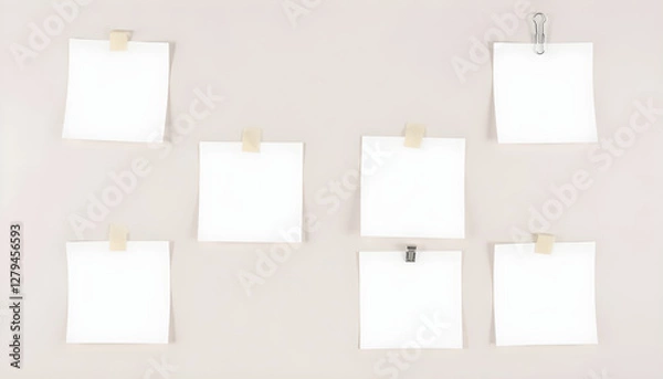 Fototapeta Grid of blank square sticky notes clipped to a wall, serving as a placeholder or brainstorming board