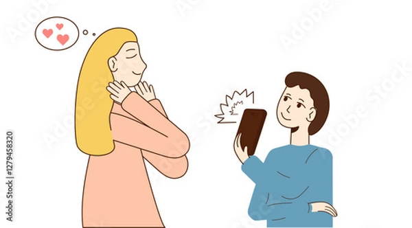 Fototapeta Young man standing and making photo of his pretty girlfriend on smartphone having. Vector illustration Making photo and camera concept for social networks. Girl posing and dreams of likes.