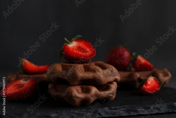 Fototapeta dessert pastry chocolate waffles with strawberries on a dark background