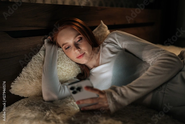 Obraz Serene redhead young woman lying in bed at night, using smartphone happy looking to screen, enjoying leisure time in cozy bedroom, illuminated by phone screen. Concept of mobile addiction and insomnia