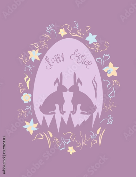 Fototapeta Easter greeting card with Easter bunnies and Easter eggs