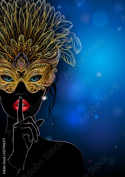 Fototapeta Vector Illustration. A mysterious lady in golden carnival mask with feathers, put a finger on lips in a hush gesture. Beautiful concept design for greeting card, party invitation, banner or flyer.