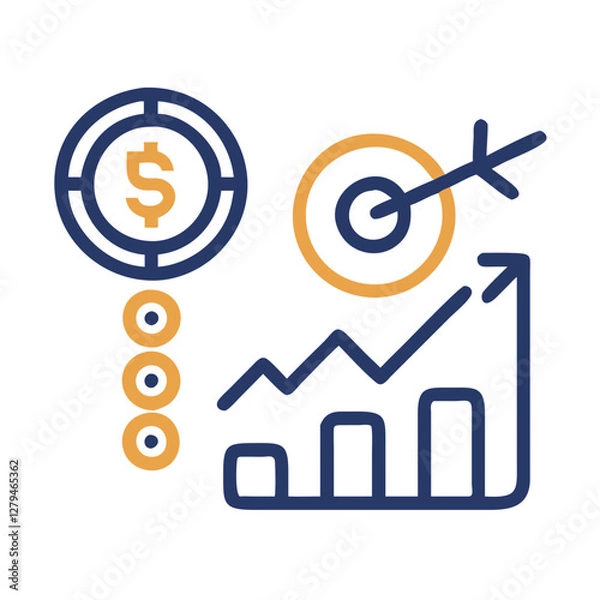 Fototapeta Vector icon representation of financial goal tracking with monetary symbols, target, and upward growth chart