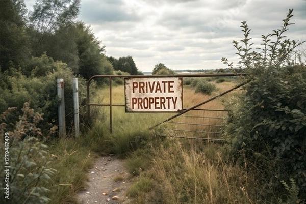 Fototapeta PRIVATE PROPERTY Sign on a Rusted Metal Gate