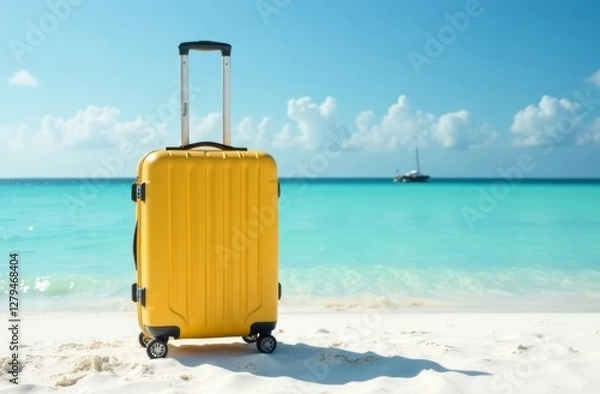 Obraz yellow bright suitcase on the beach against the background of the sea coast with snow-white sand and blue water