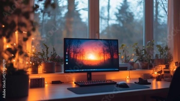 Fototapeta Cozy home office setup with computer, keyboard, mouse, and plants by window at sunset