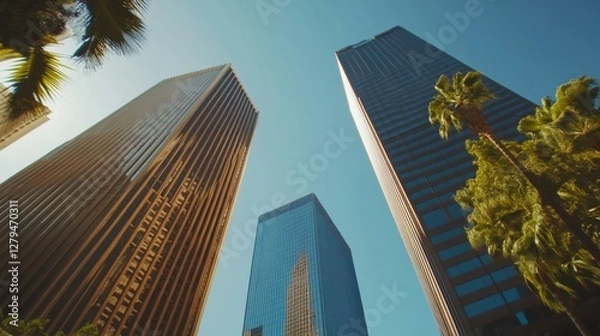 Obraz City skyscrapers with palm trees, sunny day, urban view, photo for business use