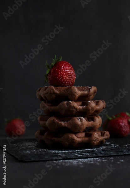 Fototapeta dessert pastry chocolate waffles with strawberries on a dark background