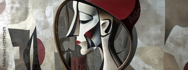 Obraz A cubist depiction of woman looking in mirror, blending geometric shapes with a sense of introspection.