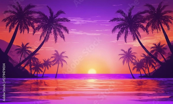 Fototapeta Vibrant sunset over calm ocean with silhouettes of palm trees on a tranquil beach