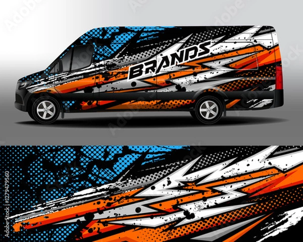 Fototapeta Delivery van vector design. Pop art car decal. Abstract comic explosion background with halftone dots black and blue for vinyl car sticker.