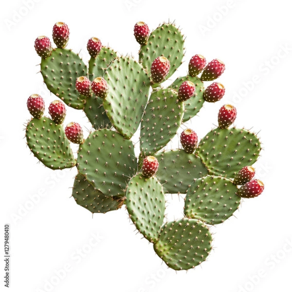 Obraz A vibrant prickly pear cactus (Opuntia) with lush green pads and bright red fruit, isolated on a transparent background.