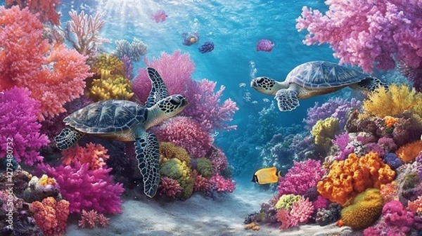Fototapeta Sea turtles swimming vibrant coral reef ocean