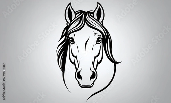 Fototapeta Elegant horse head illustration featuring detailed mane design in black line art style on a light background