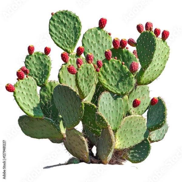 Obraz A vibrant prickly pear cactus (Opuntia) with lush green pads and bright red fruit, isolated on a transparent background.