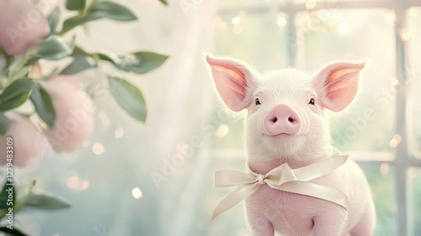 Fototapeta   A pig wearing a bow stands before a window, gazing into the lens