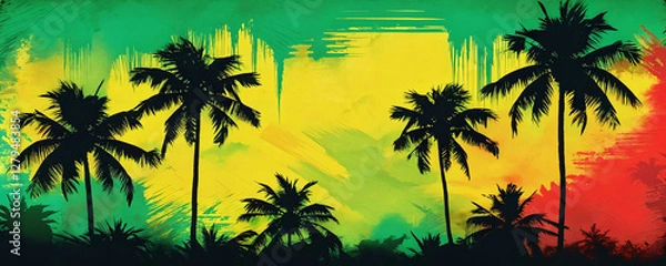 Fototapeta Colorful tropical landscape with silhouettes of palm trees against a vibrant background of yellow, green, and red hues at sunset