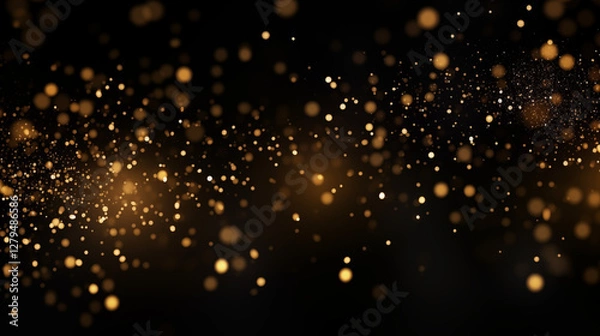 Obraz Particules scintillantes et brillantes volant sur fond sombre, noir. Lumière orangée, paillettes dorées et flou. Fond pour bannière, conception et création graphique.