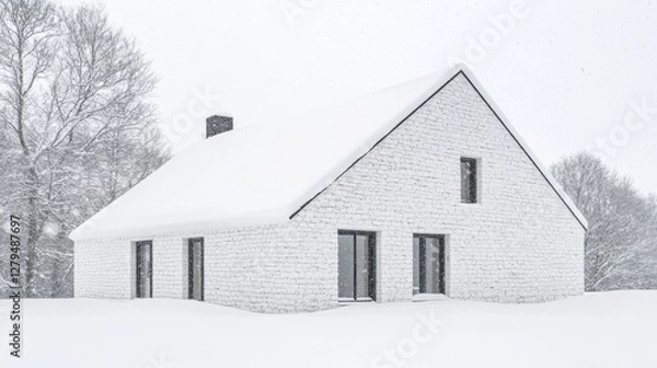 Fototapeta A house made of white painted brick walls in a fresh snow-covered setting. Minimalist house in harsh winter.