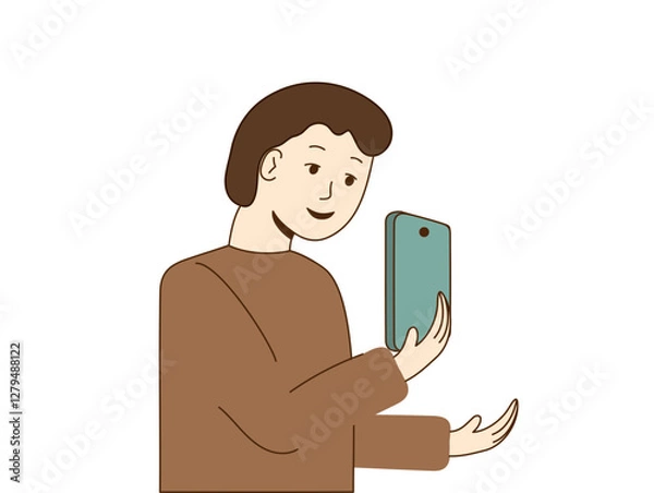 Fototapeta Young man holding the phone in his hand in front of his face and looking at smartphone. Boy looks at his phone screen. Men stands and talks on video call. Takes pictures. Vector illustration.
