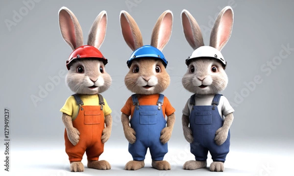 Fototapeta Cute rabbits dressed in colorful work outfits prepare for a fun day of activities in a vibrant setting