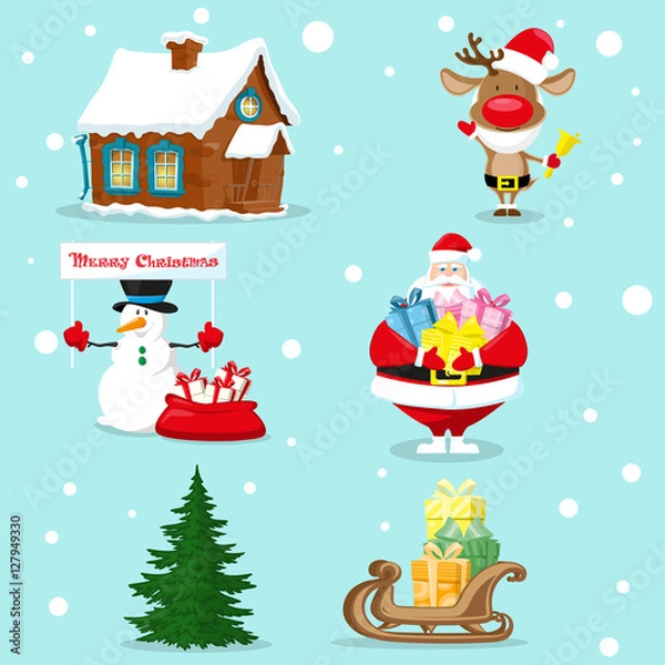 Fototapeta Set of Merry Christmas symbols. Santa Claus, snowman, deer, christmas tree, red bag, gifts box, house, sleigh. Design elements for decoration banner, poster, flyer, greeting card. Cartoon style vector