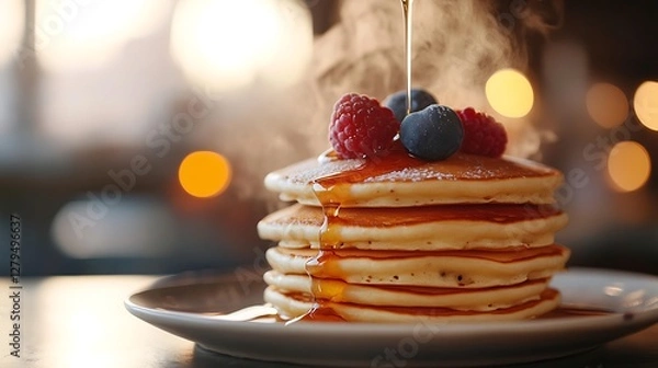 Fototapeta Stack of Pancakes with Maple Syrup and Berries Breakfast Delight