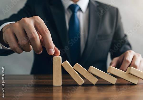 Obraz A business professional in a suit carefully stabilizes falling dominoes in a strategic planning session at an office desk