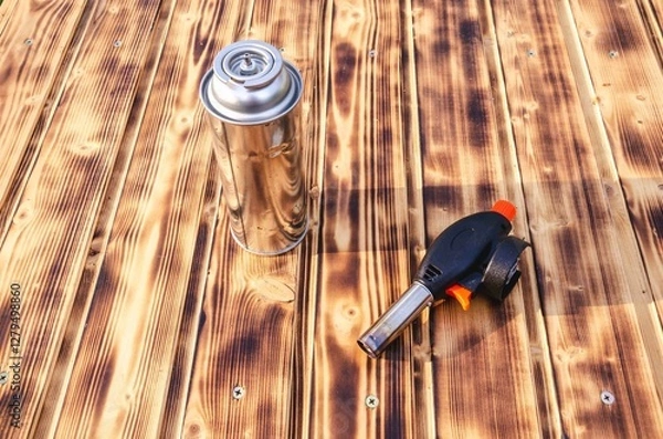 Obraz Gas cylinder and burner on the wooden background.