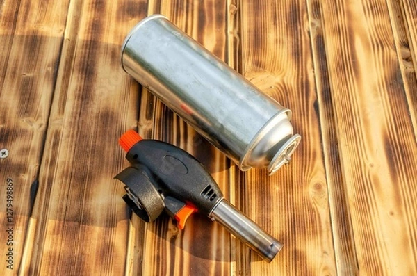 Obraz Gas cylinder and burner on the wooden background.