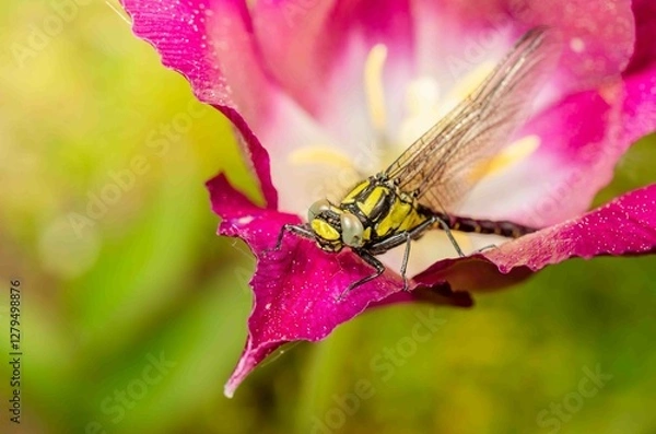 Obraz Dragonfly resting on flower bud with purple tulip.