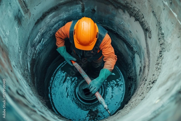 Obraz Construction worker cleaning underground sewage system