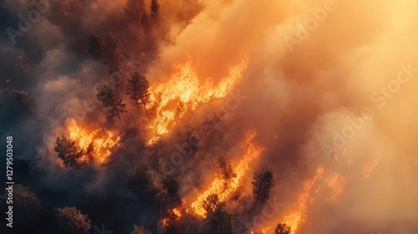 Fototapeta Aerial view of massive wildfire or forest fire with burning trees and orange smoke