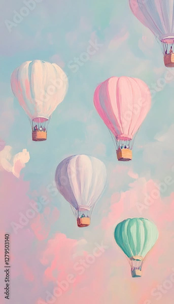 Fototapeta acrylic painting of pastel hot air balloons in the sky, gouache, realism, shades of neon pink, light pink, lavender, white, blue, green and cream, soft pastel color palette, soft golden hour light,