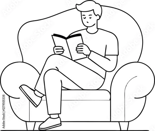 Fototapeta Reading in Relaxation. Man in Armchair Line Drawing Illustration
