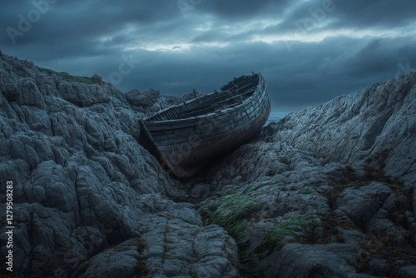 Fototapeta An old ship beached among rocks in a shipwreck scene in a melancholic scene. Ship beached on coastal rocks in a melancholic mood with an overcast sky.