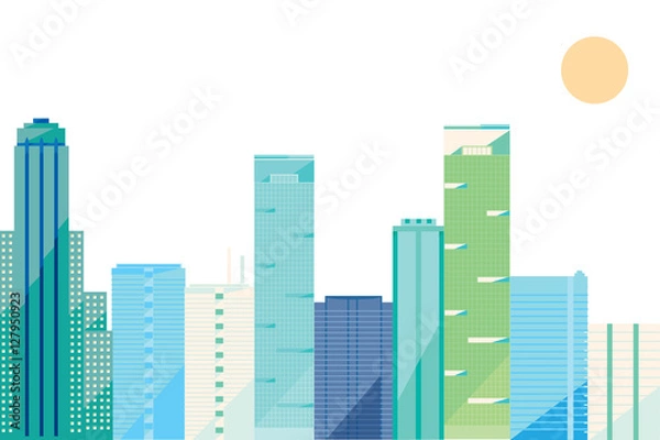 Fototapeta City design collection: many colorful skyscrapers isolated on white background, Vector illustration, flat design, green, blue, and violet icons
