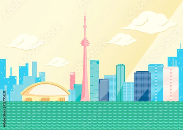 Fototapeta Toronto skyline by day, flat vector illustration. On the seaside, some of the tallest skyscrapers in the Canadian city: CN tower, first Canadian Place, the skydome. Clouds and long shadow, yellow sky