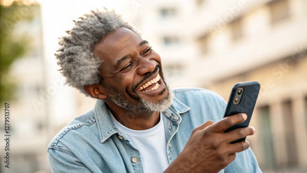 Fototapeta black man using a smartphone