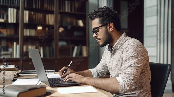 Fototapeta Focused Man Working on Laptop in Library with Bookshelves Nearby