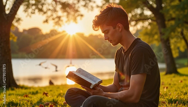 Obraz Young Man Reading the Bible in Nature at Sunset