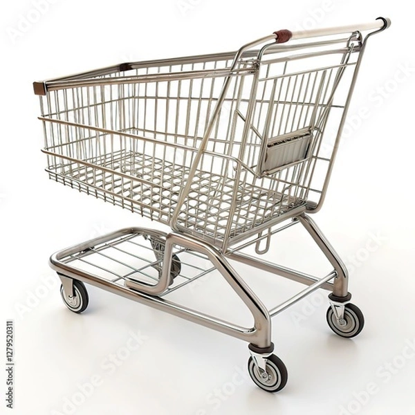 Obraz Empty Metal Shopping Cart with Wireframe Basket and Four Wheels on white background 