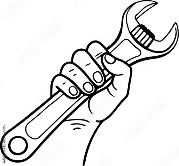 Fototapeta Hand Gripping Adjustable Wrench. Vector Line Drawing
