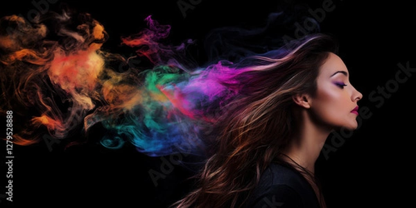 Obraz Dramatic Close-Up of a Woman with Golden Earrings, Framed by Vibrant Smoke in an Artistic Setting