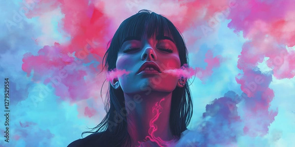 Obraz Cinematic and Mysterious Portrait of a Young Woman Emerging from a Colorful Cloud of Smoke
