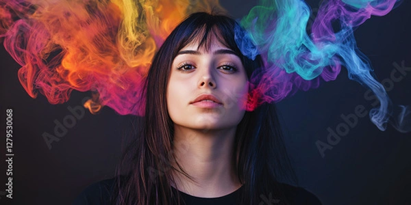 Obraz Mesmerizing Beauty Surrounded by Floating Colorful Fumes in a Dreamlike Artistic Composition