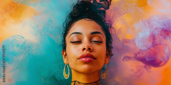Obraz Enchanting Young Woman in a Stunning Artistic Scene with Flowing Colorful Smoke Effects