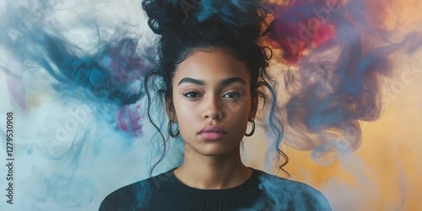 Obraz Dreamy Portrait of a Young Woman Surrounded by Ethereal Colorful Smoke in a Mystical Atmosphere